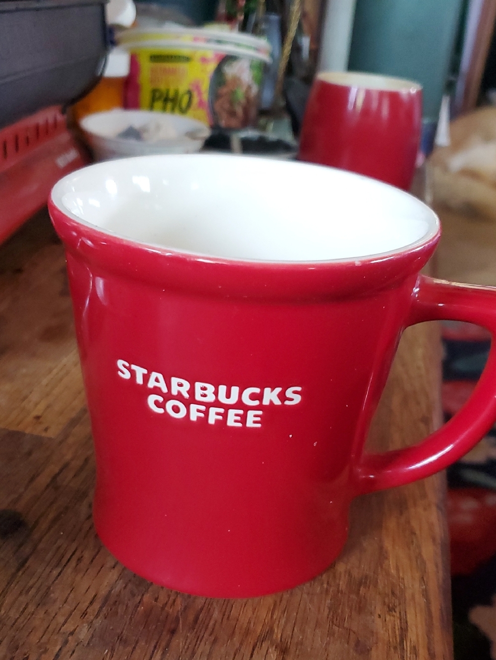 2 Red Starbucks Ceramic Mugs with White Interior